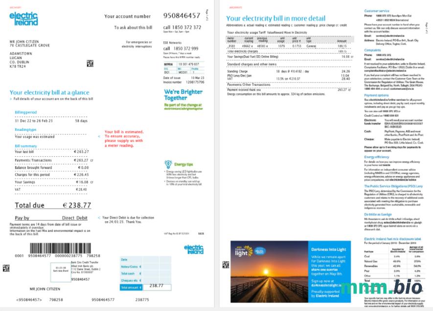 Ireland Electric Ireland rachunek za media szablon w formacie Word i PDF, Wersja 2, 2 strony